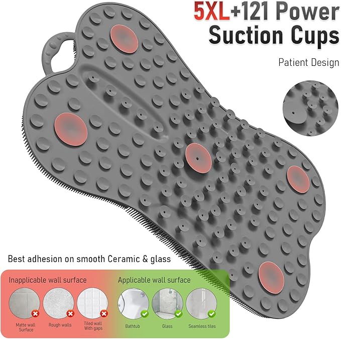 Back Scrubber Body Bath Cushion Tub Bathtub Back Lumbar Support Ergonomic Silicone XL Thick Soft Seat Pad Non-Slip Suction Cups Relaxing Spa Mat Exfloating Scrubbing Shower 28 x 19 Grey