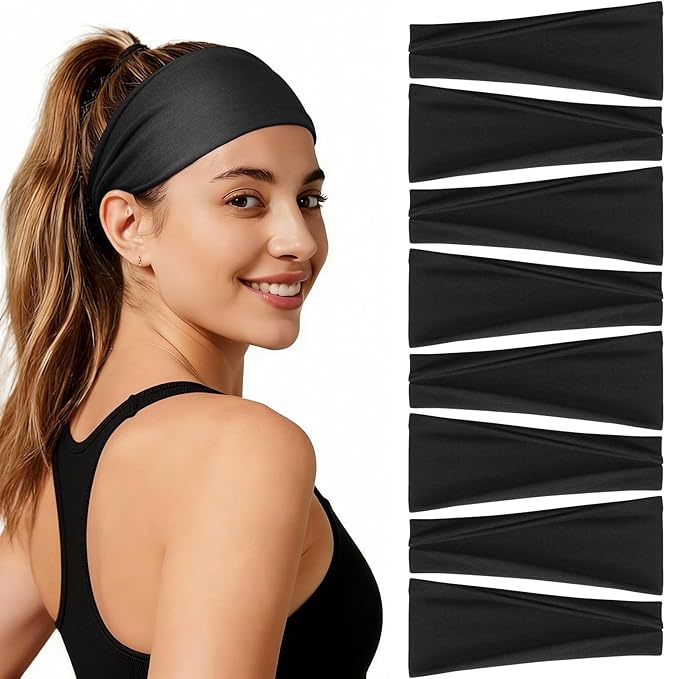 Headbands for Women, 8 Pack Non-Slip Moisture Wicking Sports Wide Head Bands, Stretchy Elastic Fabric, Multiple Colors Securing Hair for Fashion, Sports, Yoga, Running, Daily Life