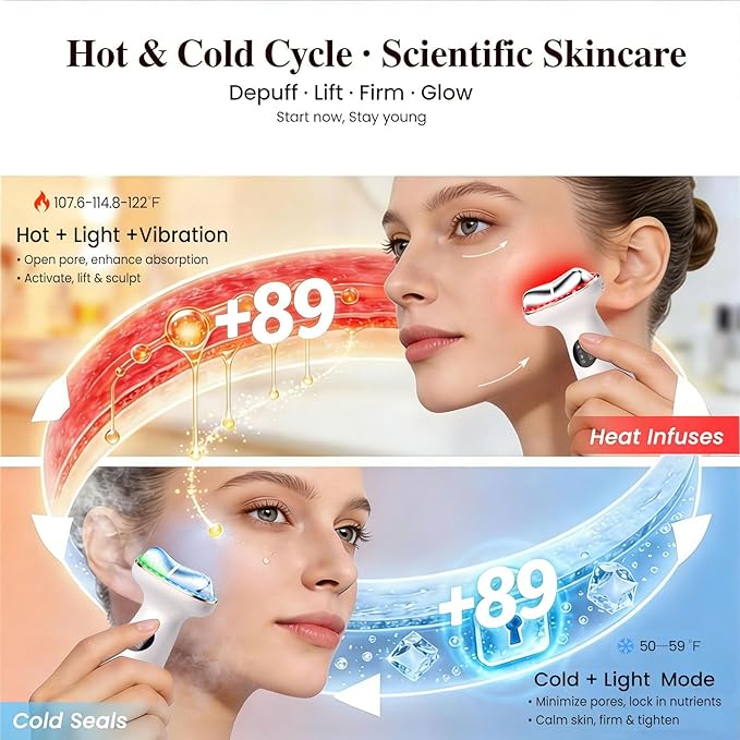 Cold Heat Facial Massager,7 Color Red Light Therapy Face Neck Lift Sculpt Device,Hot Electric Gua Sha Tool & Cooling Depuffing Wand,for Skin Care,Contouring,Firming