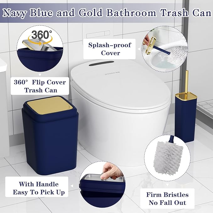 Navy Blue Bathroom Accessories Set, Blue and Gold Bathroom Accessories with Trash Can, Soap Dispenser, Soap Dish, Toothbrush Holder and Q-tip Holders