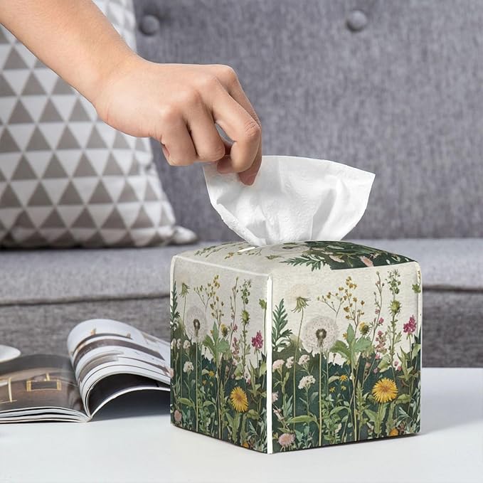 Retro Herbs Spring Dandelion Tissue Box Cover Leaves Summer Holiday Square Leather Tissue Holder Decorative Facial Tissue Cube Paper Cover Case Organizer for Bathroom Night Stands Desk Home