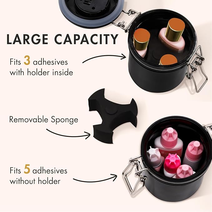 False Lash Glue Storage Tank With Thermometer Adhesive Carbon Sealed Leak-proof Containers Grafting Eyelash Extension Supplies(BLACK)