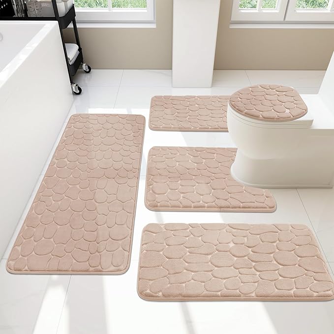 YIHOUSE Bathroom Rugs Mat Set 5 Piece Khaki, Memory Foam Bath Mats Sets, Non Slip Water Absorbent Washable Bath Rugs for Sink, Toilet and Floor