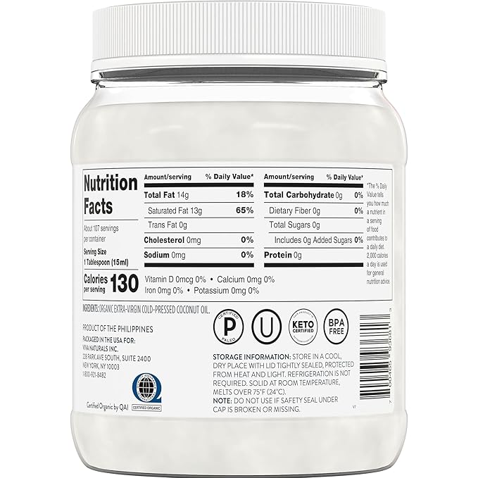 Viva Naturals Organic Coconut Oil, 54 fl oz – Unrefined, Cold-Pressed Extra Virgin Coconut Oil, USDA Organic & Non-GMO, Natural Cooking Oil, Hair Oil & Skin Oil