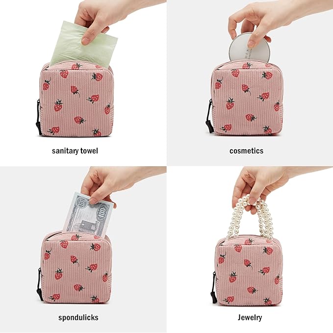 Small Makeup Bag for Purse,Mini Cosmetics Bag cute Zipper corduroy Cosmetic Pouch Storage Pouch Travel Toiletry Organizer for Women Girls(Strawberry,Pink)