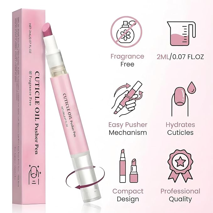 Ceramic Cuticle Pusher & Nail Oil Pen, 2-in-1 Nail Care Tool for Sensitive or Damaged Nails, Gentle Hangnail Remover, Portable Nail Pen with Stainless Steel Cuticle Cleaner (Pink)