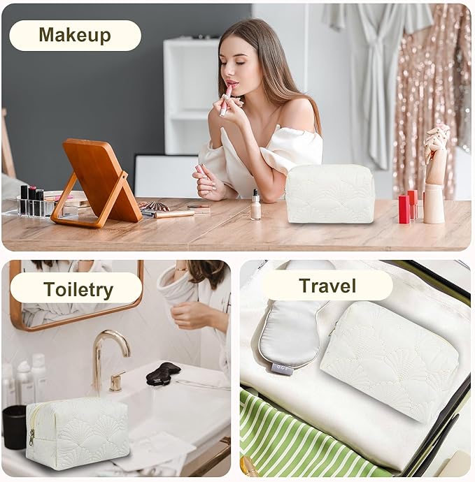 Quilted Makeup Bag Floral Cotton Make up Bag Puffy Coquette Makeup pouch Aesthetic Cute Travel Toiletry Bag for Women Girls