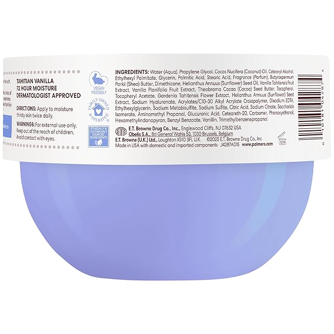 Palmer's Cocoa Butter Formula Body Cream, Moisture Drenching Tahitian Vanilla, 8.8 Oz, 72Hr Hydration with Shea Butter & Vitamin E for Softer Skin, Protects & Soothes Dryness, Dermatologist Approved
