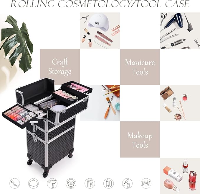 Adazzo 3 in 1 Professional Rolling Makeup Train Case Aluminum Trolley Case with 360° Rotation Wheels for Makuep Artist Cosmetic Suitcase Organizer with Lock and Key Diamond Pattern - Black