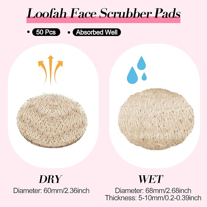 Bokon Loofah Exfoliating Face Pads 2.36 Inches Round Natural Loofah Sponge Body Face Scrubber Remove Dead Skin Facial Pad Bulk for Bath Shower Spa Skin Cleaning Women Men(50 Pcs,Beige)