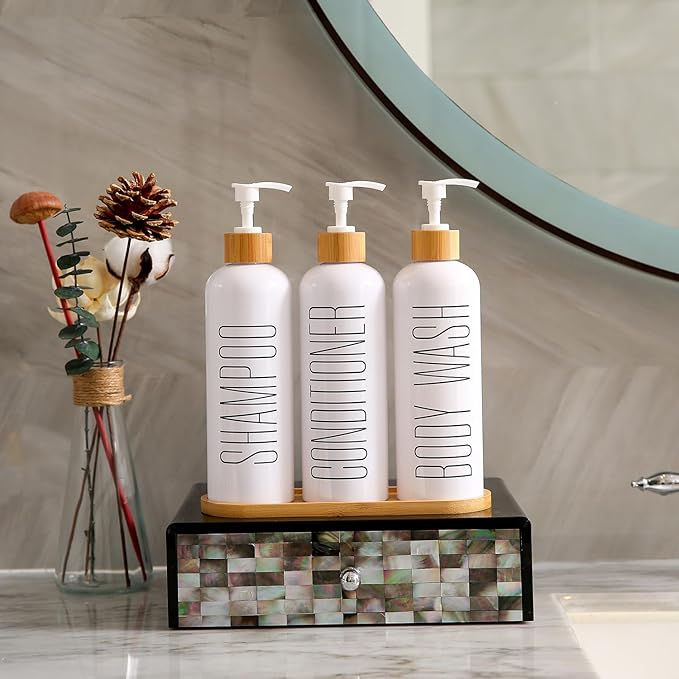 Shampoo and Conditioner Dispenser, Contains Shampoo Conditioner Body Wash Dispenser. Shower Soap Dispenser with Bamboo Pumps & Tray, Perfect for Modern Bathroom Decor. (White)
