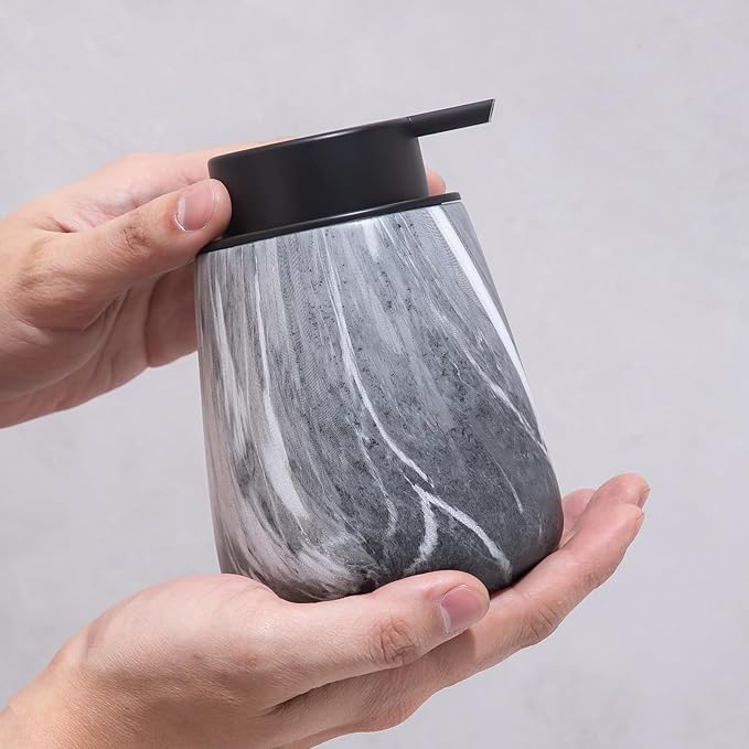 12Oz Foaming Hand Soap Dispenser - Ceramic Bathroom Foam Soap Dispenser with Easy-to-Press Black Pump, Refillable Lotion Hand Dispenser, Dish Soap Dispensers for Kitchen, Marble Grey
