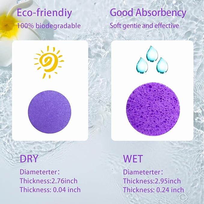 50-Count Large Compressed Facial Sponges for Estheticians,Daily Cleansing and Gentle Exfoliating- 100% Natural Cellulose Spa Sponge Perfect for Removing Dead Skin,Dirt and Makeup(Round 2.95",Purple)