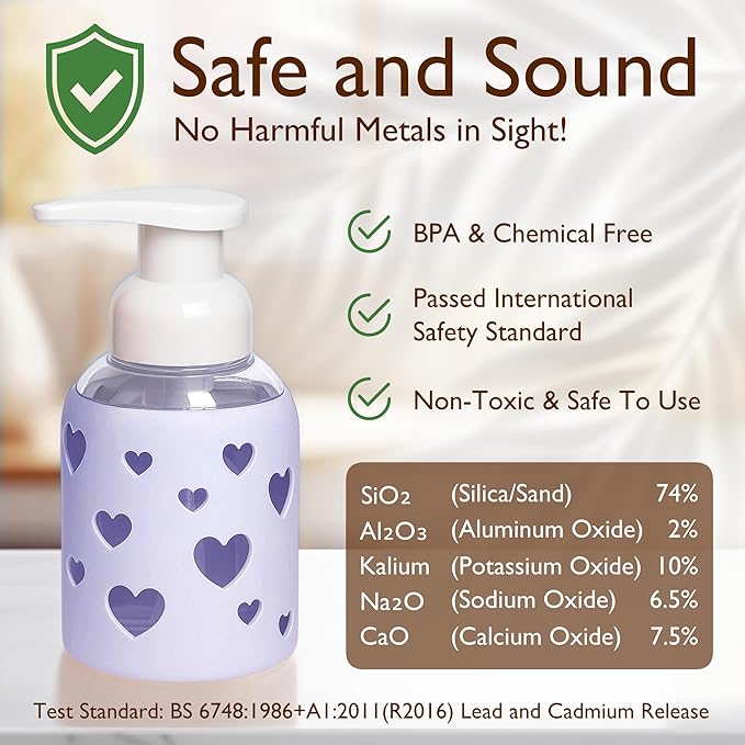 SoCal Suds & Company Foaming Hand Soap Dispenser Glass, Liquid Soap Pump with Heart Silicone Sleeve, Refillable Bottle for Kids, Baby Wash & Shampoo, Ideal for Bathroom & Kitchen Use, Soft Purple, 8oz