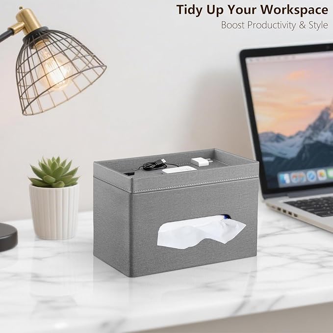 PU Leather Tissue Box Cover Rectangle with Detachable Storage Tray, Fits 230-Count Box Tall Rectangular, Modern Decorative Tissue Box Holder/Organizer for Bathroom, Bedroom Dresser, Night Stand