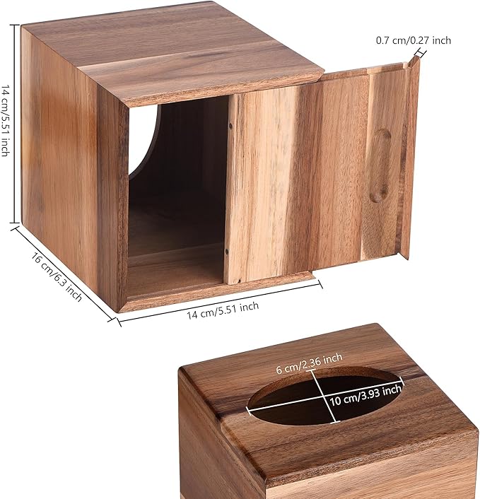 Tissue Box Cover Square, Acacia Wood Tissue Box Holder with Slide-Out Bottom, Wooden Tissue Box Cover Cube for Bathroom, Bedroom, Dinner Table, Office,Kitchen