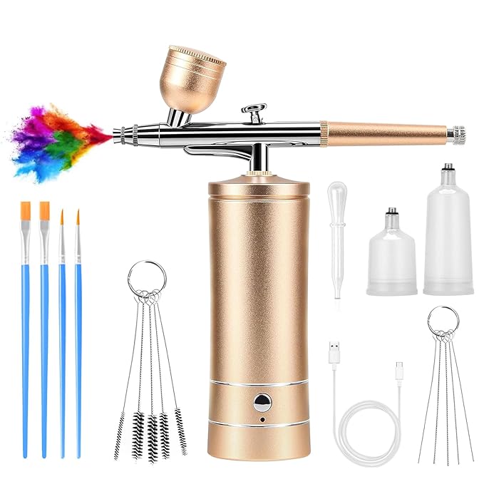 Airbrush Kit Air Brush Kit With Air Compressor Nail Charms Wireless Air Brush for Barber, Nail Art, Cake Decor, Makeup, Model Painting (Golden)