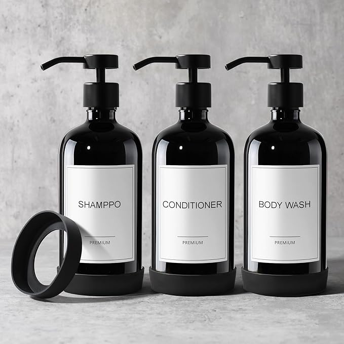 GMISUN Plastic Shampoo and Conditioner Dispenser with Silicone Sleeves, 21 oz Black Shower Soap Dispenser Bottles with Labels, Refillable Shampoo Conditioner Body Wash Dispensers Set of 3