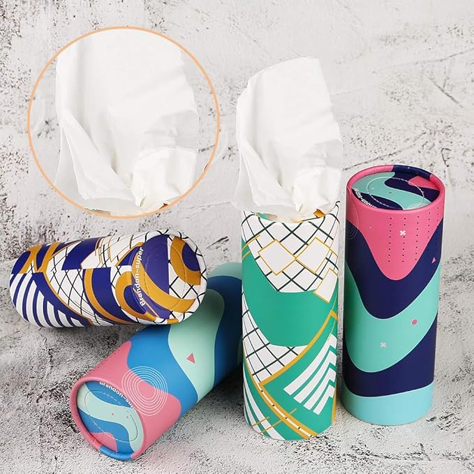Car Tissue Holder with Facial Tissue Bulk, Car Tissues Box Round Container - Tissue Tubes for Car, Travel Tissues Perfect for Car Cup Holder - 4PK (blue)