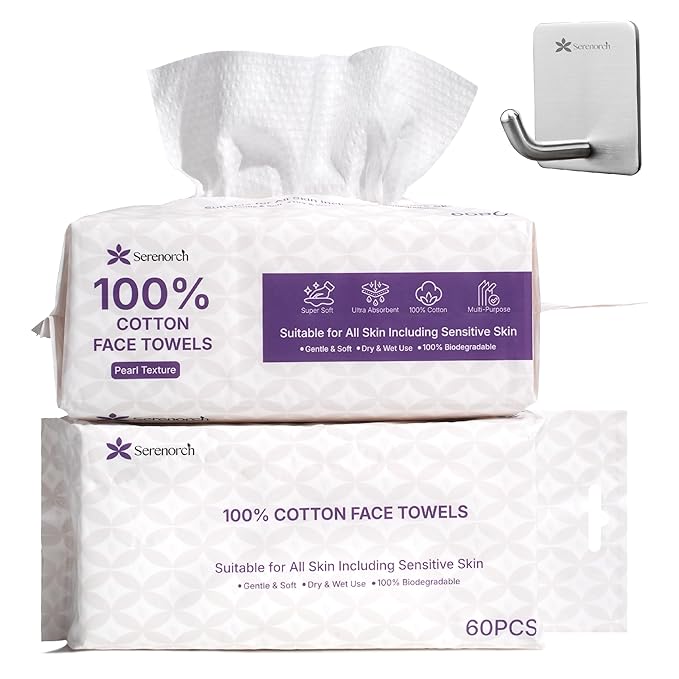 100% Cotton Disposable Face Towels 120 Count, Soft Cotton Tissue for Sensitive Skin, Makeup Remover Dry Wipes, Lint Free Facial Cleansing Cloths for Baby & Adult, Hanging Bag