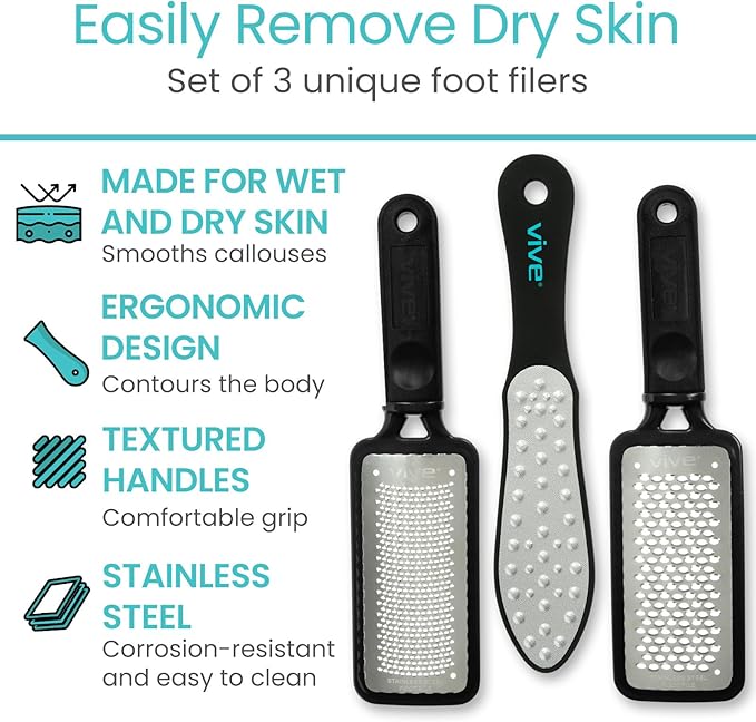 Vive Foot File (3 Pack) - Feet Scraper for Dead Skin - Heel Grater, Callus Remover Scrubber Tool, Rasp for Cracked Heels - Stainless Steel Pedicure Filer for Men & Women - Use on Wet or Dry Skin