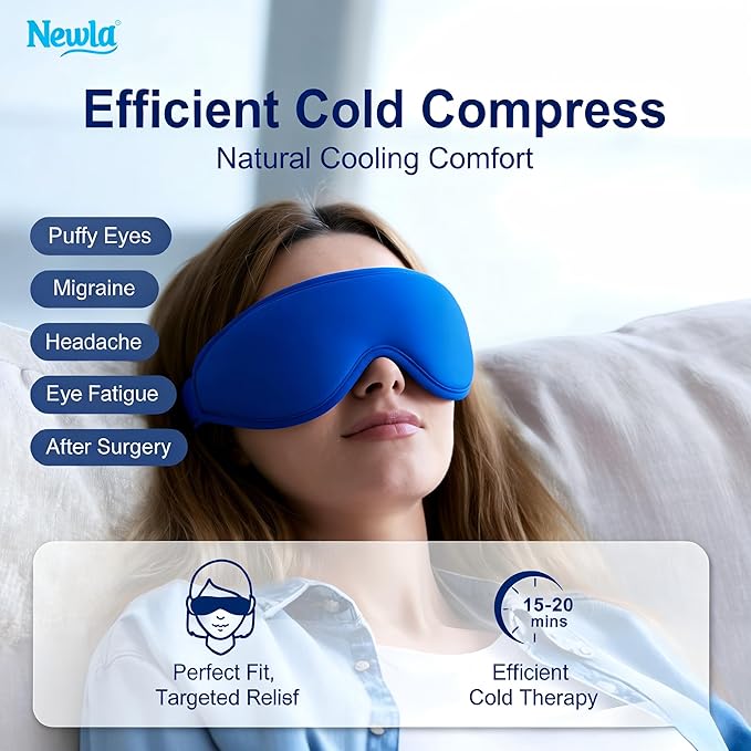 Cooling Gel Eye Mask for Puffy Eyes: Upgraded Full-Eye Coverage: Larger Contoured Cold Compress for Dark Circles & Eye Bags, Soft Flexible Reusable Gel, Adjustable Strap, Travel Pouch (Blue)