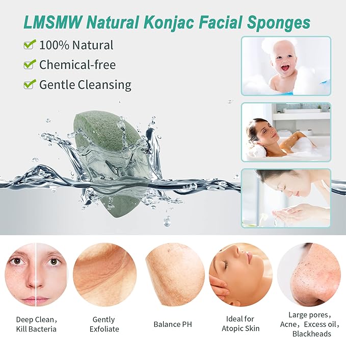 Organic Konjac Cleansing Facial Sponges Set - Gentle Exfoliating Konjac Sponge Scrubbers for Face Body Washing with Activated Charcoal, Natural Skincare Tools for Oily Dry Combination Sensitive Skin