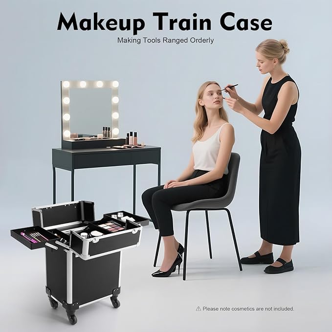 Professional Rolling Makeup Case with Retractable Handle, Aluminum Alloy Cosmetic Organizer with Locks & Wheels, Large Capacity Beauty Travel Case for Makeup Artists, Black