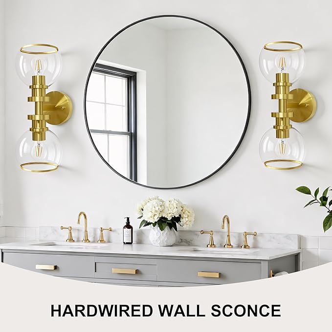 Bathroom Sconces Set of Two, Brushed Gold Wall Sconces with Clear Glass, Hardwired Modern Sconces Wall Decor Set of 2, Wall Light Fixtures for Bathroom Living Room Mirror Hallway Bedroom