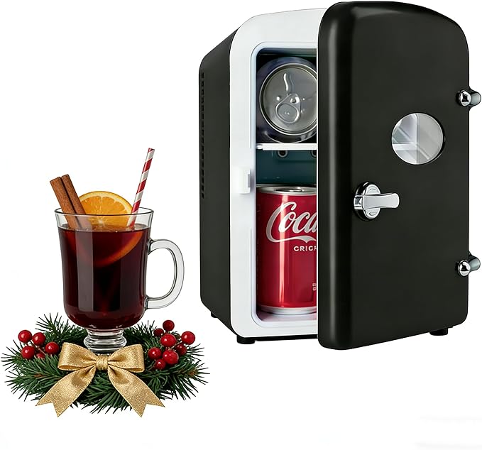 HealSmart 4L Mini Fridge with Observation Window, 6 Can Capacity, Freon-Free and Portable Cooler and Warmer, Cosmetics/Food/Beverage, Black New