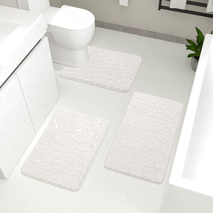 YIHOUSE Bathroom Rugs Mat Set 3 Piece White, Memory Foam Bath Mats Sets, Non Slip Water Absorbent Washable Bath Rugs for Sink, Toilet and Floor
