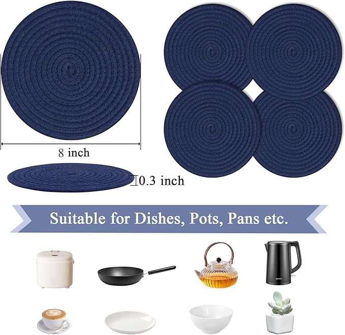 SHACOS 8 Inches Trivets for Hot Dishes, 4 Pieces Cotton Trivets Mats for Kitchen, Heat-Resistant Pot Holders for Countertops and Table, Hot Pads for Hot Pots and Pans, Navy Blue