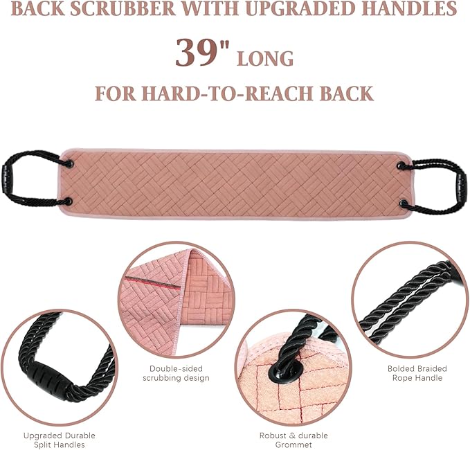 Back Scrubber with Upgraded Handles - 39 Inch Double-Sided Body Exfoliator for Shower/Bath, Deep Cleansing Back Washer for Hard-to-Reach Areas, Unisex (Men & Women) (Pink)