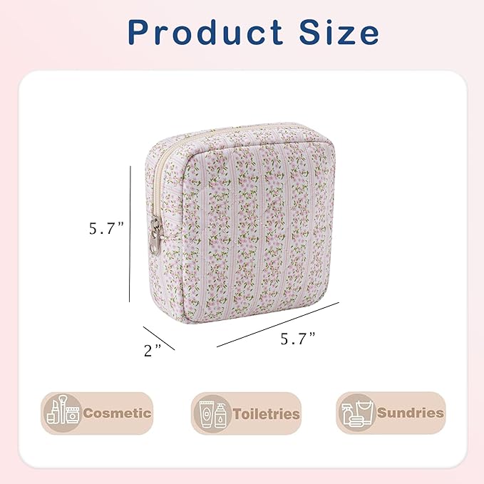 Small Quilted Cotton Makeup Bag for Purse, Cosmetic Bag with Compartments, Cotton Aesthetic Makeup Bag, Travel Toiletry Pouch, Lipstick Bag Card Holder Data Cable Organizer (16Striated Flower)