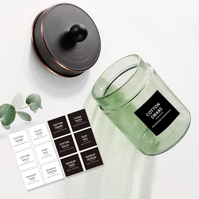 Amolliar Sage Green Qtip Holder, Glass Apothecary Jar Metal Lid & Stickers, Bathroom Qtip Holder Storage Canister, Farmhouse Decor for Cotton Balls, Swabs, Makeup Pads, Bath Salt, Floss, ORB 4 Pack