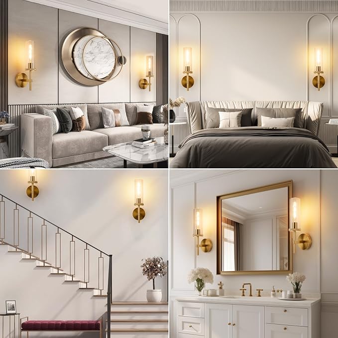 15" Knurled Gold Hardwired Wall Sconces Set of 2, Bathroom Vanity Light Fixtures with Clear Glass Tube, Modern Lamp Lighting for Bedroom, Living Room, Hallway, Staircase, Mirror, Kitchen