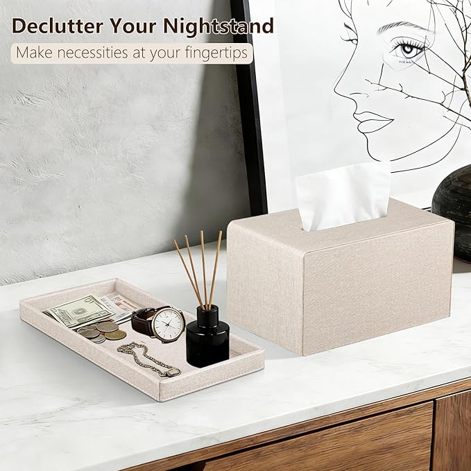 Fanousy Large Tissue Box Cover Rectangle with Tray on Top, PU Leather Facial Tissue Holder with Storage, Fits 230-Count Family Size Kleenex, Modern Nightstand Organizer for Bathroom Office Home Decor
