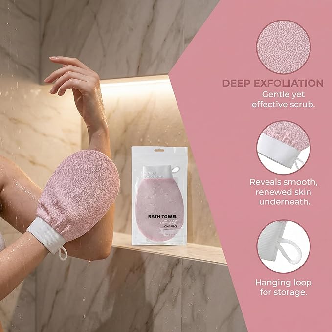 Exfoliating Gloves & Back Scrubber Strap Set - Dual-Sided Textured Mitts for Deep Body Exfoliation, Hard to Reach Back Cleaning, Spa-Quality Dead Skin Removal with Long Handle & Nylon Viscose Material