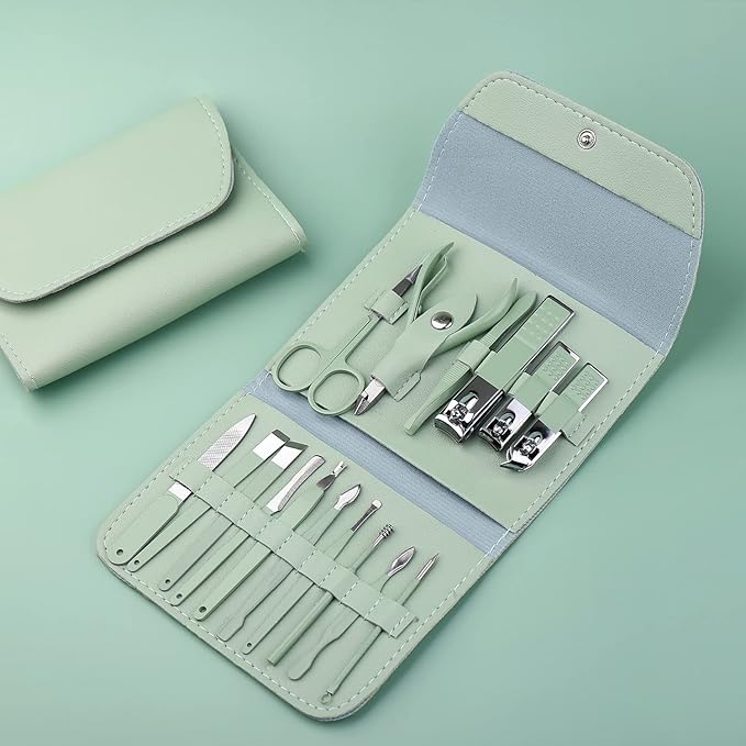 Manicure Set Professional, Nail Clippers, Pedicure Kit, 16 in 1 Grooming Kit Stainless Steel, Toenail Scissors Tools with Luxurious Leather Travel Case for Men Women Mint Upgraded Version
