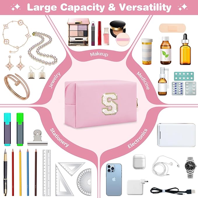 Small Personalized Initial A-Z Patch Makeup Bag,Pink Cute PU Leather Glitter Letter Cosmetic Bag for Teen Girls,Travel Toiletry Bag with Zipper,Preppy Monogrammed Birthday Gift for Daughter Niece S