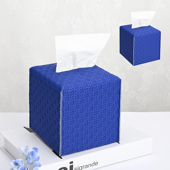 HOMOTEK 2 Pack Tissue Box Cover, Square PU Leather Tissue Holder, Decorative Facial Tissue Cube Paper Organizer Dispenser for Bathroom, Night Stands, Desk, Car 5X5X5'' - Rattan Weave,Blue