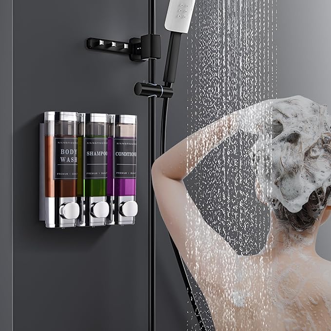 Shower Soap Dispenser Wall Mounted No Drill Shampoo Dispenser for Shower Wall Shampoo and Conditioner Dispenser Bathroom Hotel 3 * 300ml Chrome 1