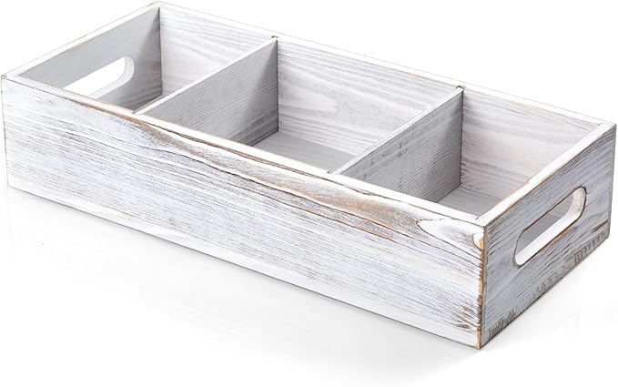 14 Inch Farmhouse White Bathroom Basket with Removable Dividers - 3 Comparments Wood Toilet Paper Basket for Back of Toilet Tank Topper - White Storage Organizer for Bathroom Pantry Organization