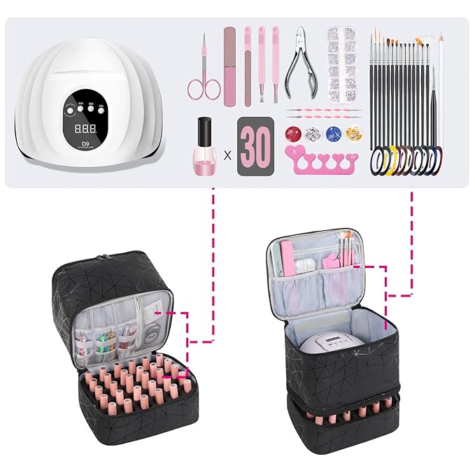 Nail Polish Storage Organizer Double Layer Gel Nail Polish Bag for Nail Dryer UV Light Carrying Case Holds 30 Bottles Travel Portable Compartment Case for Manicure Supplies, Black (BAG ONLY)