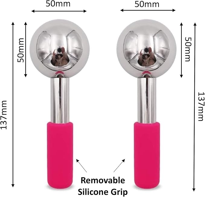 ICE Globes for FACIALS by FABELEGANTE' | Unbreakable Stainless Steel Magic Cooling Beauty Facial Ice Globes for face, Neck & Body | Cryo Sticks & Cold Roller for face Puffiness Set of 2 (Pink)