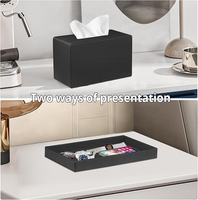 PU Leather Tissue Box Cover Rectangle with Detachable Storage Tray,Fits 230-Count Box Tall Rectangular,Modern Decorative Tissue Box Holder/Organizer for Bathroom,Bedroom Dresser,Night Stand