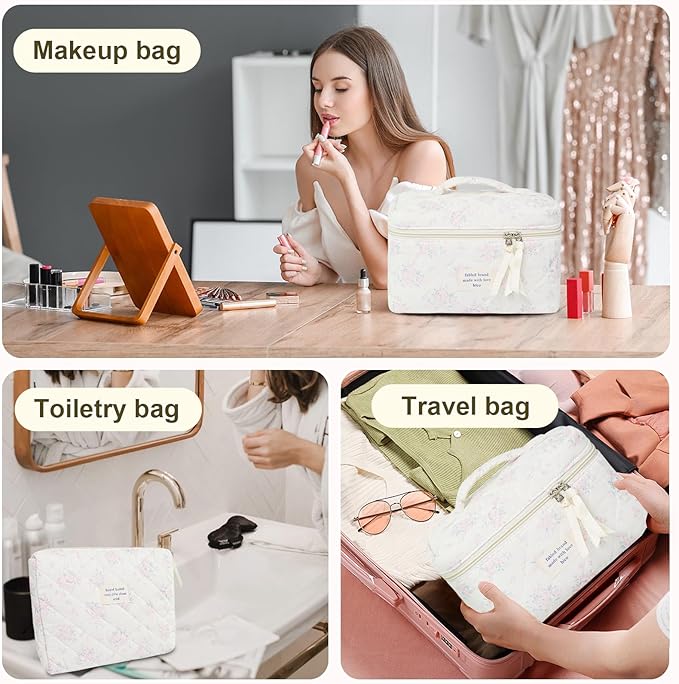 3Pcs Cotton Quilted Makeup Bag Large Travel Cosmetic Bag Coquette Makeup Pouch Cute Aesthetic Floral Toiletry Bag for Women Girls (flower-S)