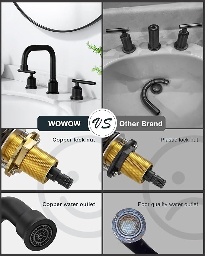 Black Bathroom Faucet 3 Holes, WOWOW Widepread Bathroom Sink Faucets 2 Handle, 8 Inch Vanity Tap with Drain and Supply liness Moddern