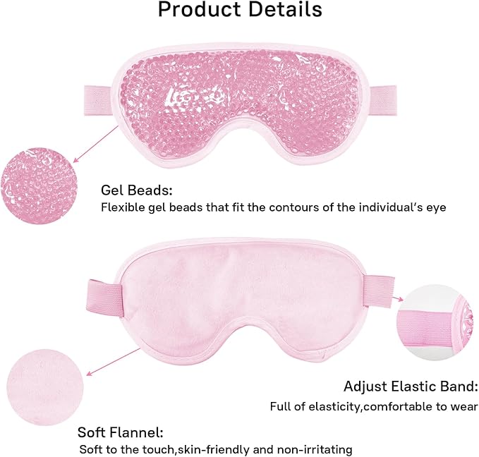 Cooling Gel Eye Mask, 2 PCS Reusable Eye Pad & Cool Compress for for Puffiness & Swelling, Cold Pack with Plush Backing for Migraine & Stress Relief, Pink