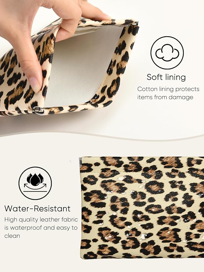 Leopard Leather Small Makeup Pouch for Women,Cosmetic Accessories,Waterproof and Portable Cosmetic Bag,Self-closing, No Zipper, Aesthetic Storage Pouch,Lipstick for Purse,Apricot Color